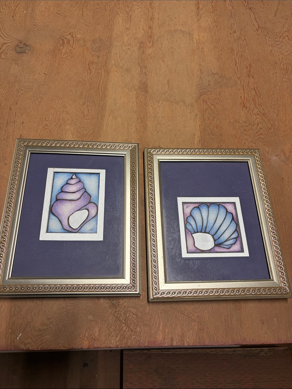 Seashell Artwork Pair in Purple and Blue with Silver Frames